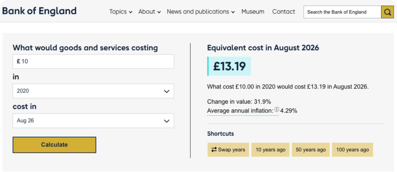 Original inflation calculator example comparing £10 in 2020 with £13.19 in August 2026