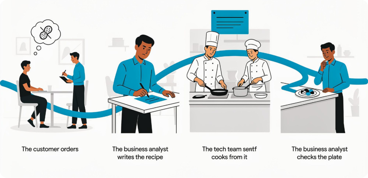 Restaurant analogy illustrated from left to right: the customer orders, the Business Analyst writes the recipe, the kitchen cooks, and the Business Analyst checks the plate